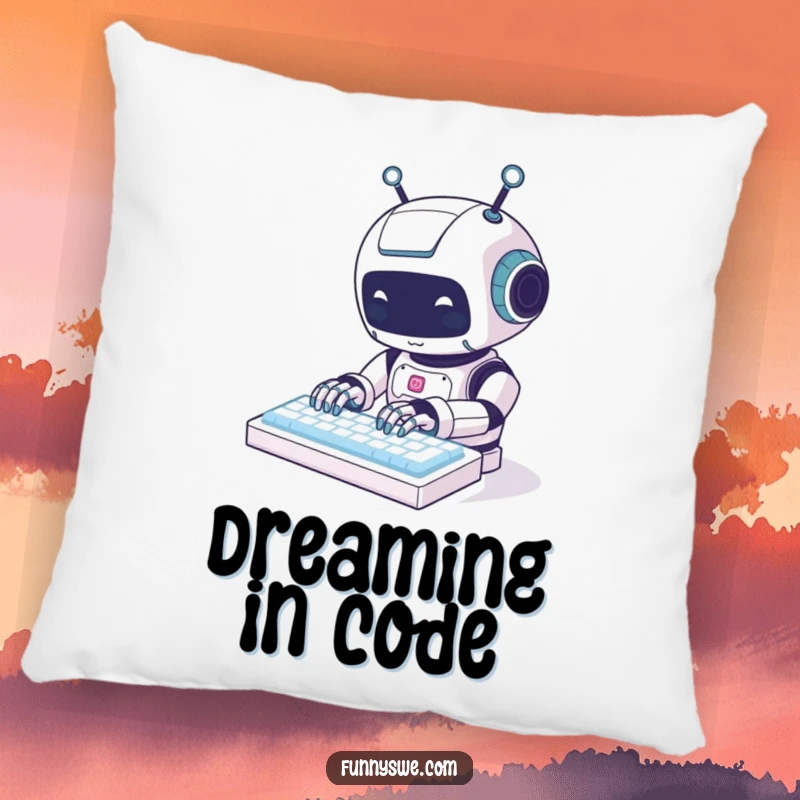 Funny kawaii robot animal character typing on a luminous keyboard, rendered as a soft, humorous throw pillow.