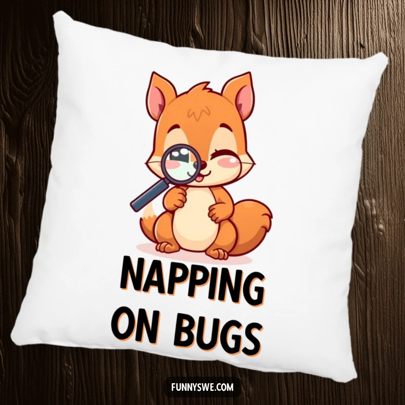 Soft and plush funny kawaii squirrel pillow, winking while examining a website with a magnifying glass, for comfortable and humorous lounging.