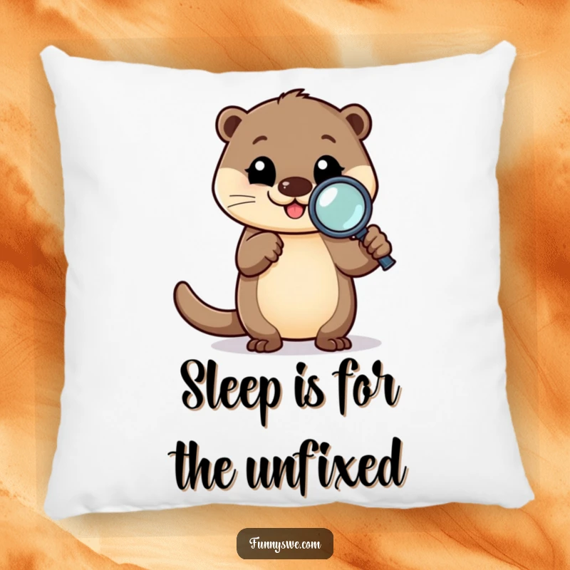 Funny Otter Debugger Pillow: Happy otter character with a magnifying glass, perfect for cozying up with debugging humor.