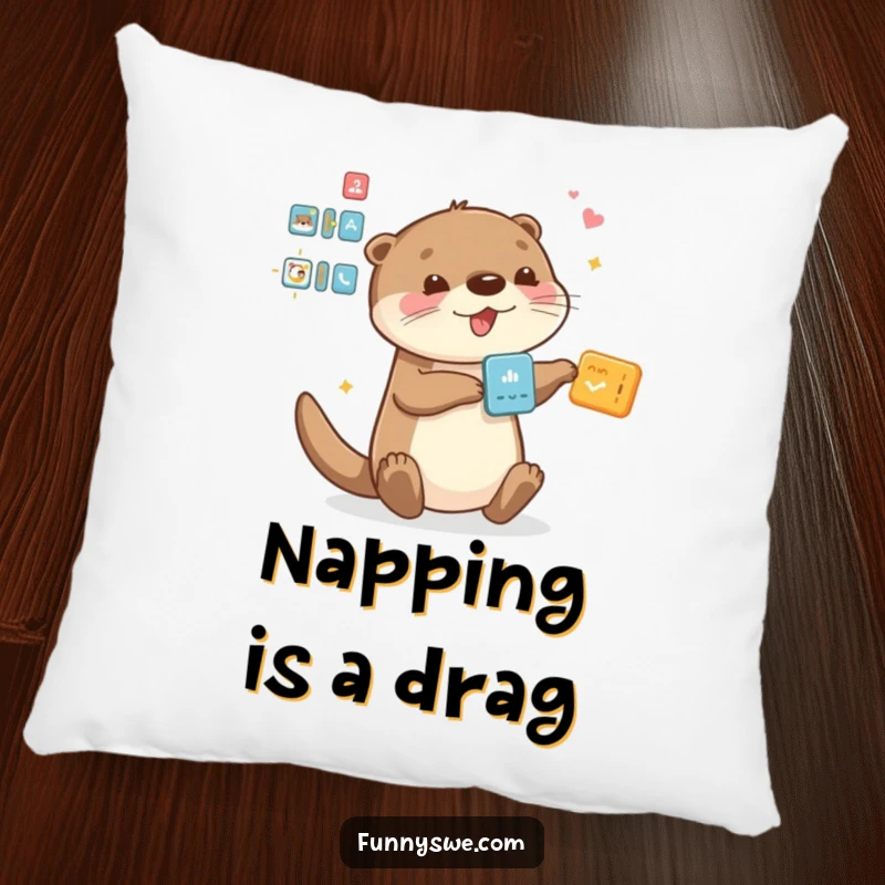 Funny Otter pillow, playfully dragging and dropping interface elements, comfortable and humorous home decor.