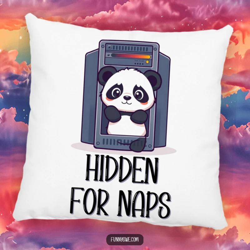 Funny Panda pillow, curiously peeking out from behind a giant server rack, comfortable and humorous home decor.