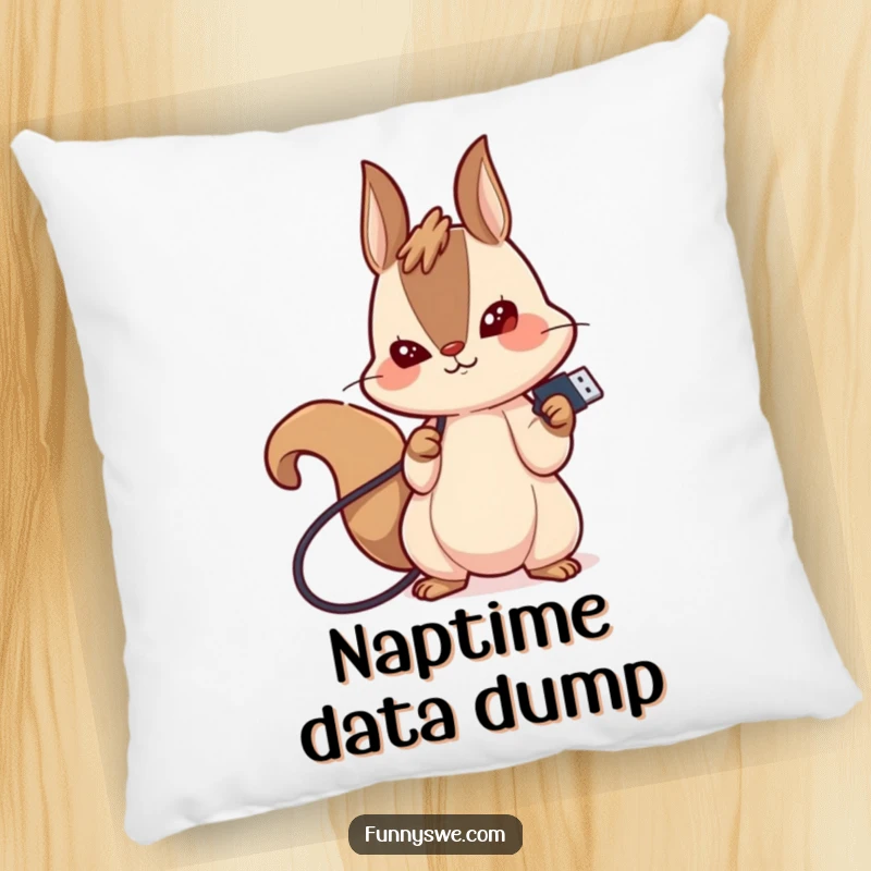 Funny decorative pillow with a giggling kawaii squirrel plugging in a USB drive, offering tech-themed humorous comfort.