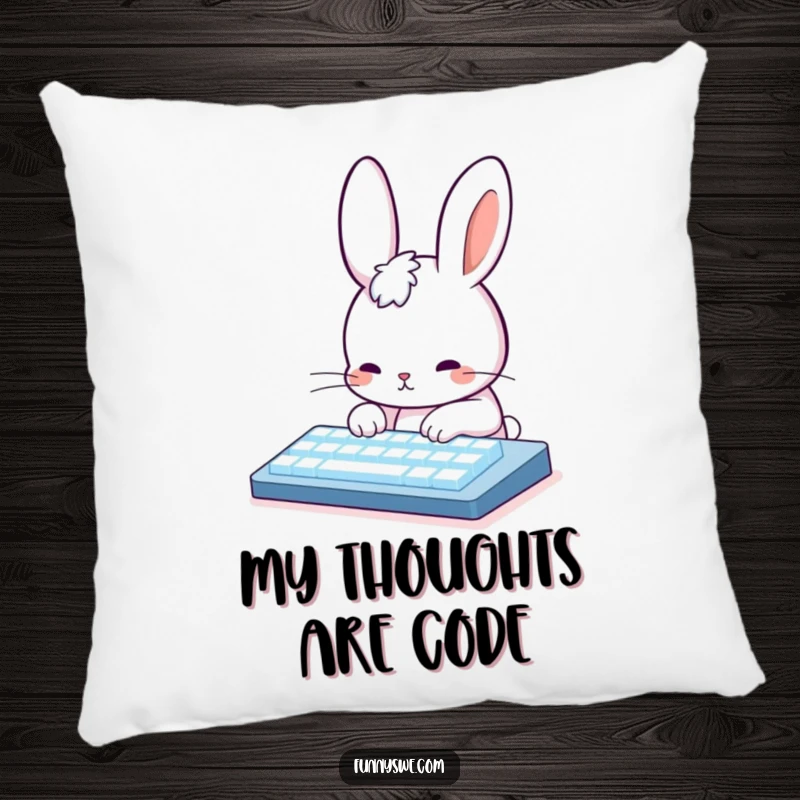 Funny Rabbit Coder Pillow: Cute rabbit character typing on a glowing keyboard, soft and humorous decor for relaxation.