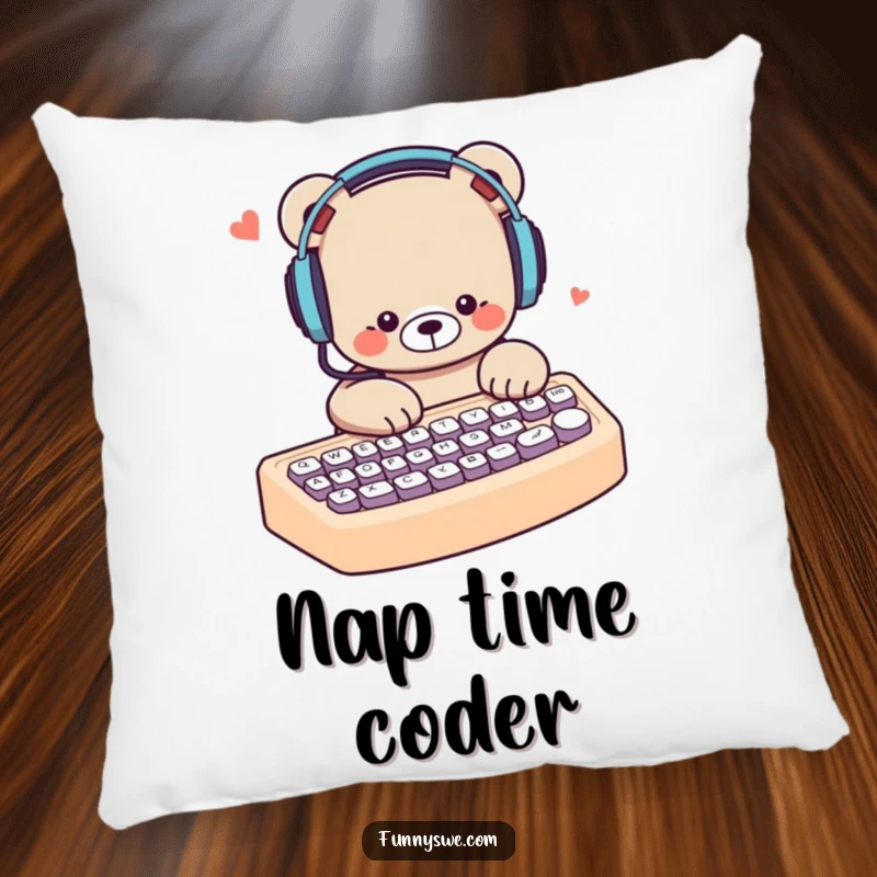 Funny bear with headphones, typing intensely on a large keyboard, a cozy and humorous pillow for relaxation.