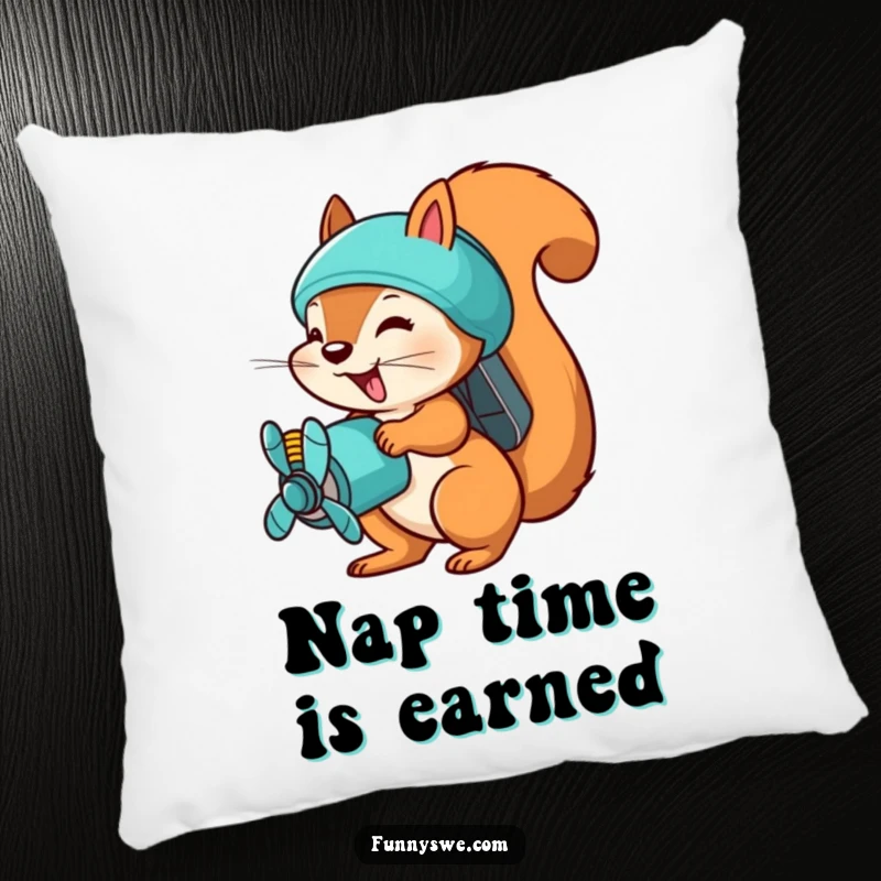 Funny squirrel file uploader pillow, a busy squirrel with a propeller pack, uploading files, soft and humorous decor.