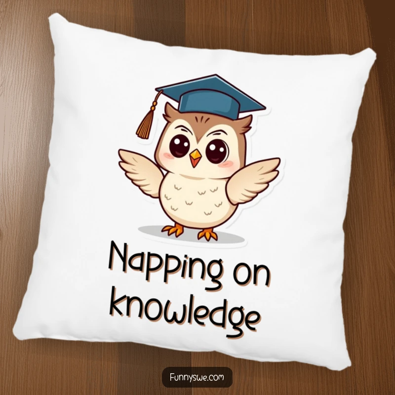 Funny Owl Pillow: A cheerful owl wearing a graduation cap confidently presents information, providing academic comfort and humor, a delightful funny gift.