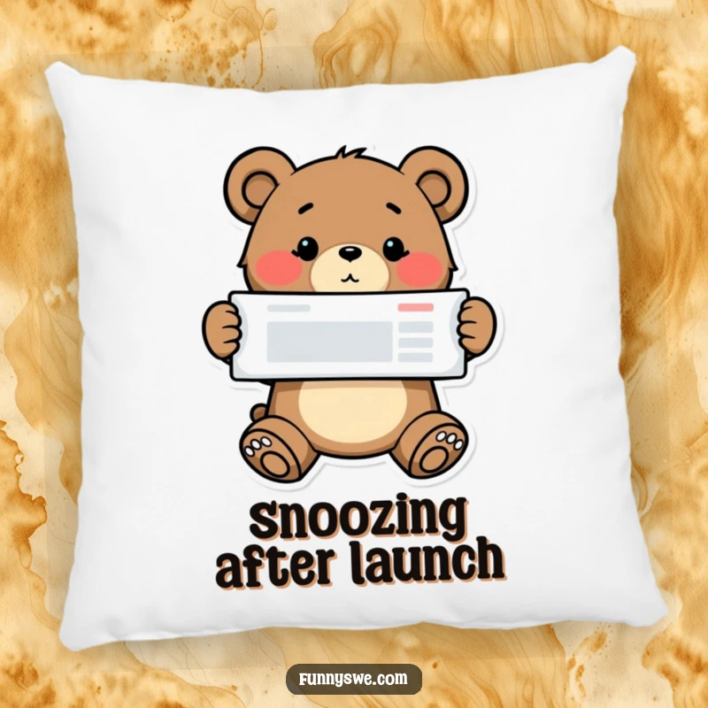 Funny bear coder pillow, a determined bear proudly presenting a website layout, soft and comforting decor.