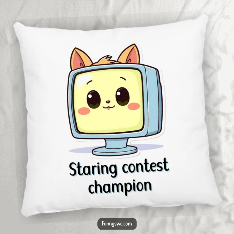 Funny pillow featuring a curious animal with big eyes staring at a glowing computer monitor, a cozy gift.