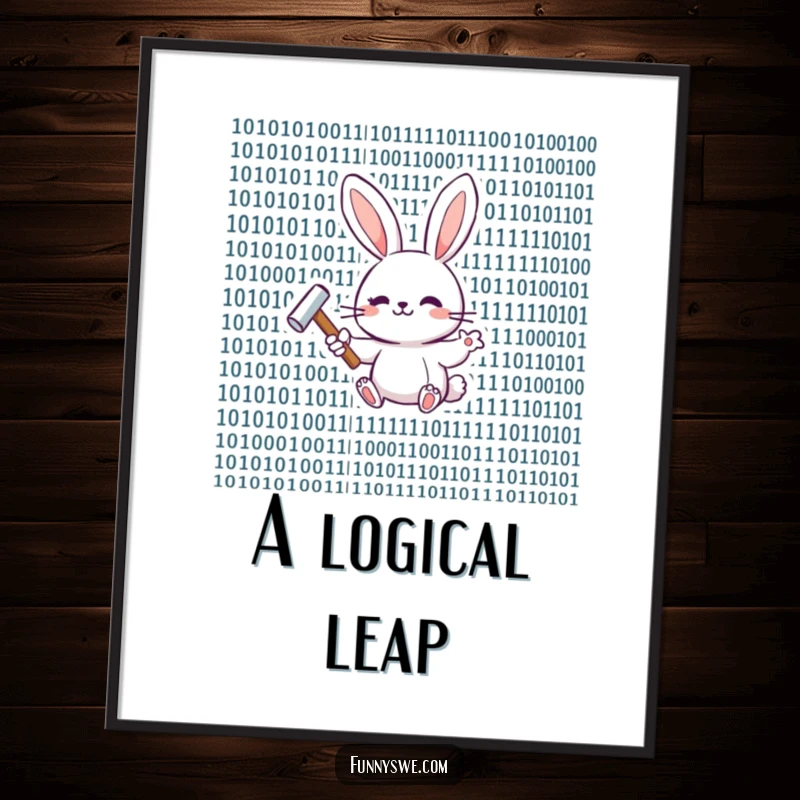 Funny happy bunny with a hammer, playfully tapping binary code, as a digital art print.