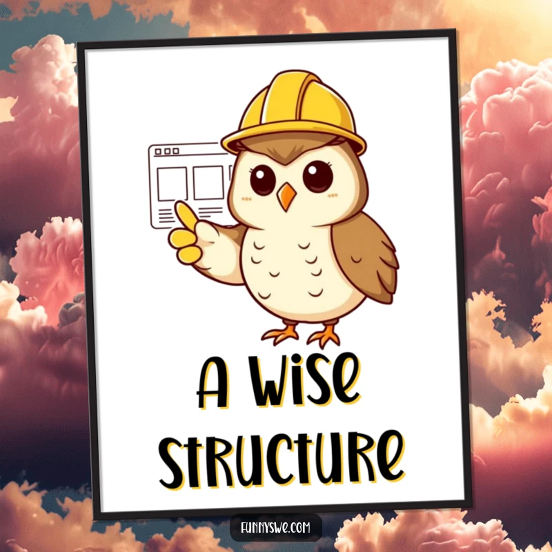 Funny cheerful owl wearing a hard hat, pointing confidently at a website wireframe, as digital art.