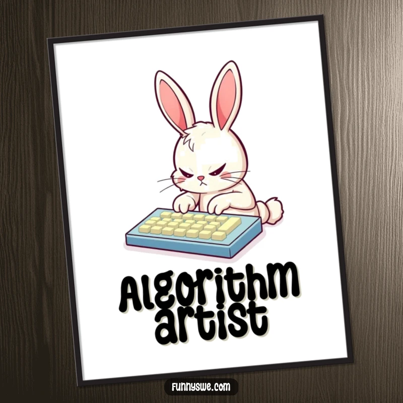 Funny bunny coder digital art print, showing a determined bunny furiously typing on a glowing keyboard, vibrant and humorous.