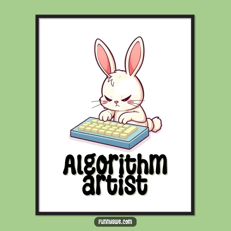 Funny Bunny Coder Digital Art: Intense Typing, Glowing Keyboard, Instant Decor