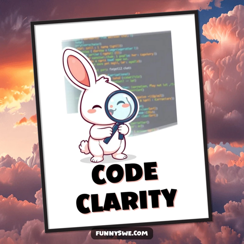 Funny digital art print of a cheerful rabbit character meticulously debugging code with a magnifying glass, ideal coder decor.
