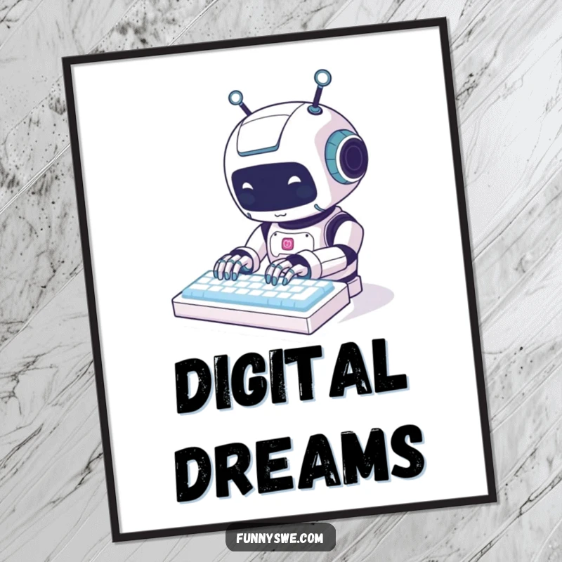 Funny kawaii robot animal character happily typing on a glowing keyboard, vibrant digital art print for humorous decor.