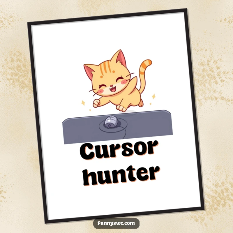 Funny energetic cat chasing a computer mouse cursor on a screen, a humorous digital art print for playful decor.