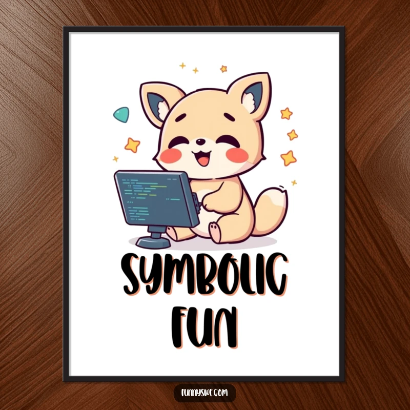 Funny kawaii animal character giggling while debugging code, surrounded by floating symbols, vibrant digital art print.