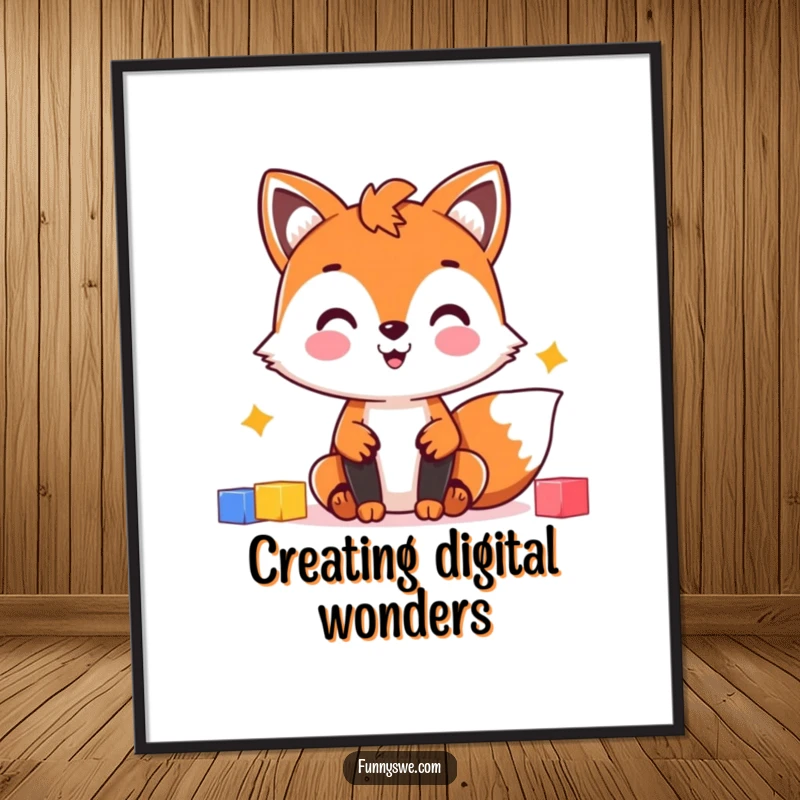 Funny Fox Web Design Art Print: Cheerful fox character assembling a website with colorful blocks, digital art for designers.
