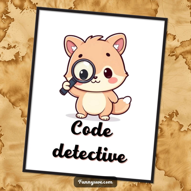 Funny digital art print of a kawaii animal character triumphantly holding a magnifying glass over a line of code, celebrating success.