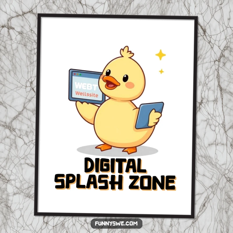 Funny kawaii duck character joyfully creating a website with a cheerful chirp, as a high-resolution digital art print.