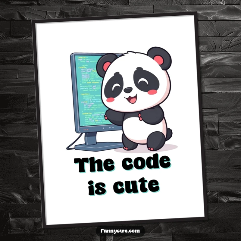 Funny digital art print of a Kawaii panda happily pushing code into a giant computer monitor with a grin.