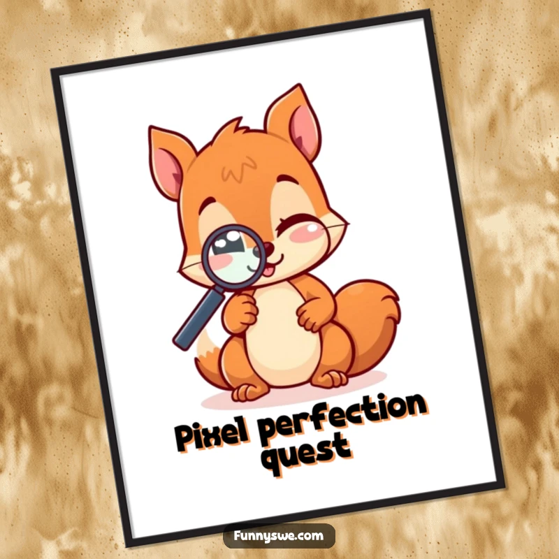 Funny kawaii squirrel character testing a website with a magnifying glass and a wink, as a high-resolution digital art print.