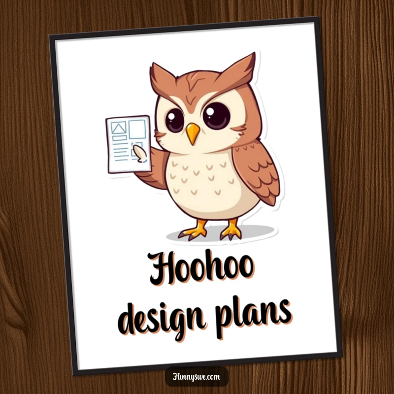 Funny Owl Website Blueprint Digital Art Print: A clever owl character points to a website blueprint, capturing insightful design humor.
