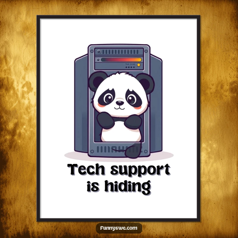Funny Panda digital art print, curiously peeking out from behind a giant server rack, vibrant and humorous decor.
