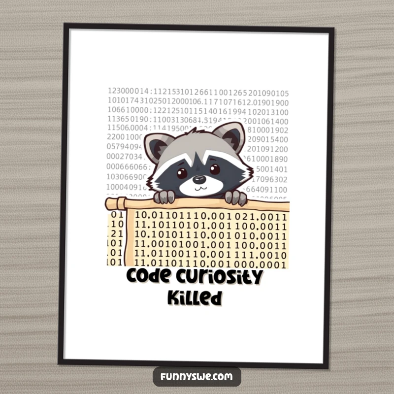 Funny raccoon coder digital art, a curious raccoon peeking over scrolling code, intriguing and humorous wall decoration.