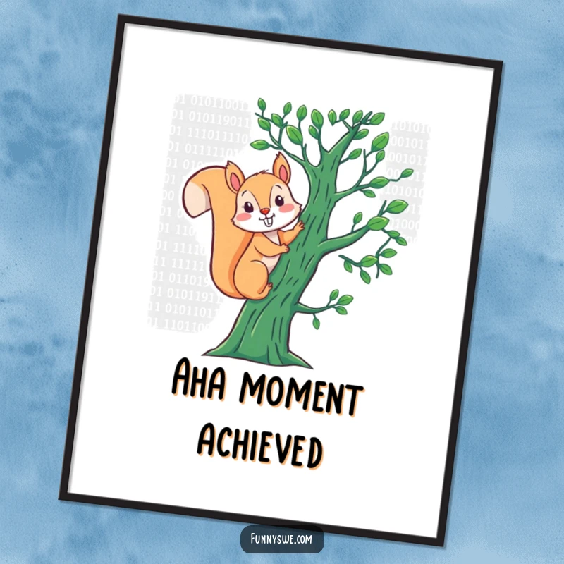Funny Squirrel Binary Digital Art Print: An energetic squirrel climbs a tree made of binary digits, capturing dynamic coding humor.
