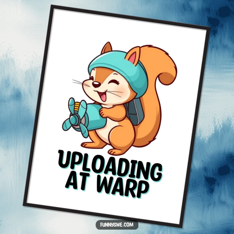 Funny squirrel uploader digital art, a busy squirrel with a propeller pack, uploading files, dynamic and humorous wall art.