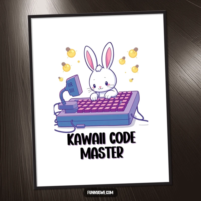 Funny digital art print of a Kawaii rabbit coding intensely on a giant keyboard, symbolizing inspiration and geeky humor.