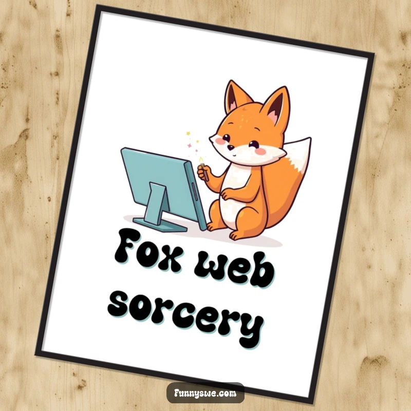 Funny digital art print of a Kawaii fox using a magic wand on a tablet to create a website, whimsical and artistic.