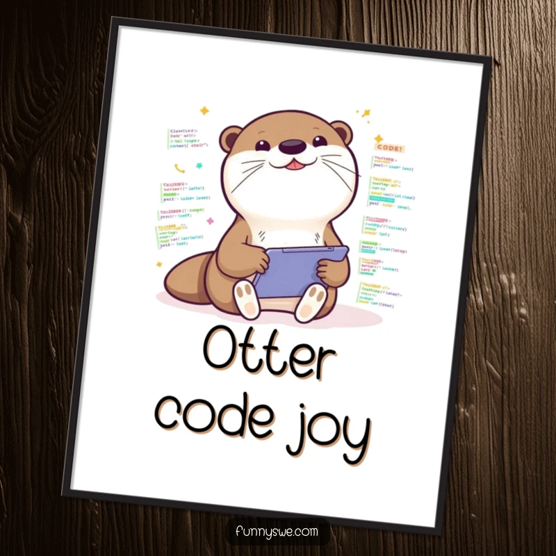 Funny digital art print of a Kawaii otter excitedly coding on a tablet, surrounded by colorful code, energetic and fun design.