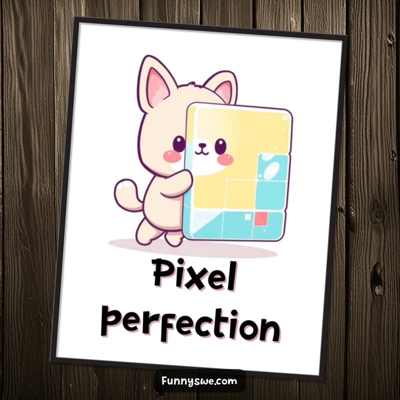 Funny kawaii animal character playfully pushing a giant pixel block, vibrant digital art print for retro gamers.