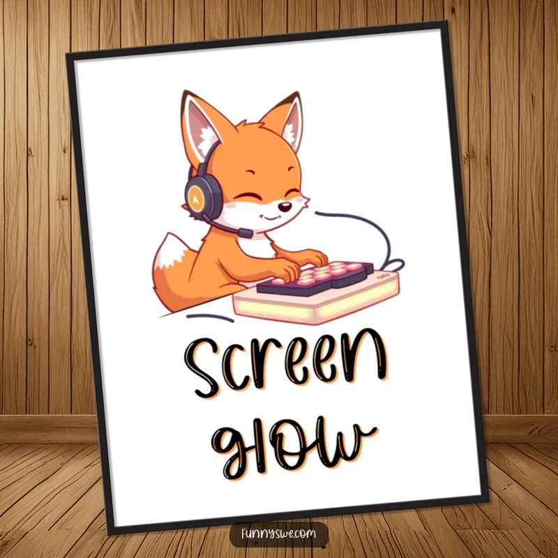 Funny digital art print of a cute fox wearing a headset, typing intensely on a glowing keyboard, ideal gamer decor.
