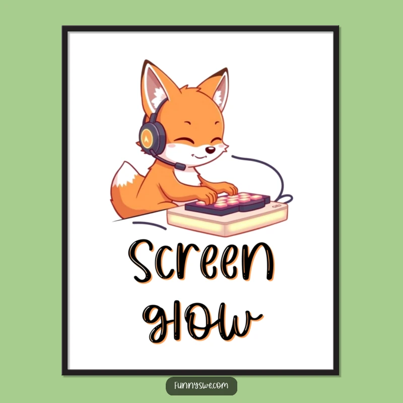 Funny Fox Gamer Digital Art: Cute Fox Typing on Keyboard Print