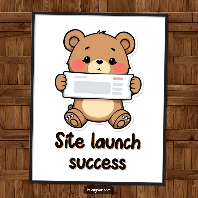 Funny bear web designer digital art, a determined bear proudly showcasing a website, motivational and humorous wall art.