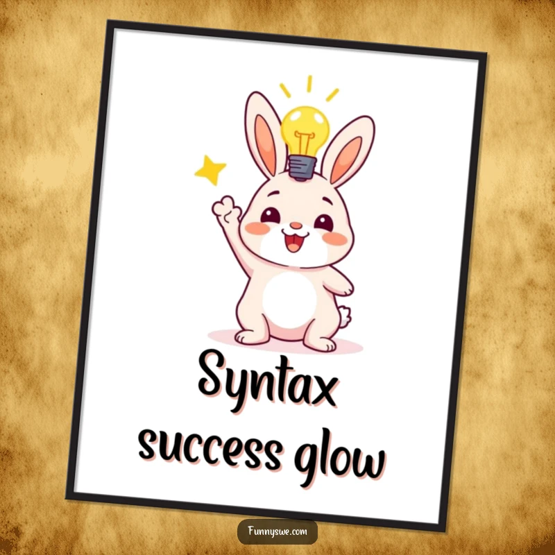 High-resolution funny digital art print of a jubilant bunny character with a glowing lightbulb, celebrating a successful code deployment with infectious energy.