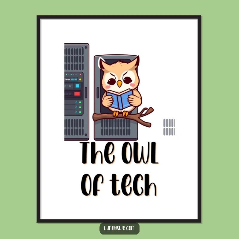Funny Digital Art Print: Kawaii Owl Server, Instant Tech Humor Download