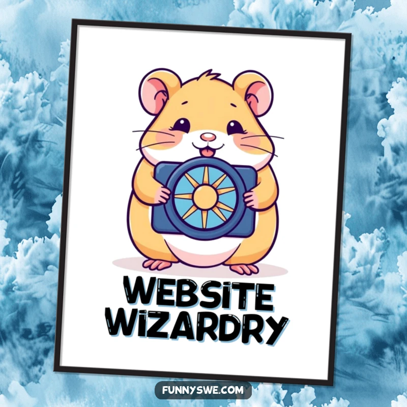 Funny hamster digital art print of a happy rodent optimizing a website with a tiny spinner, offering humorous tech vibes.