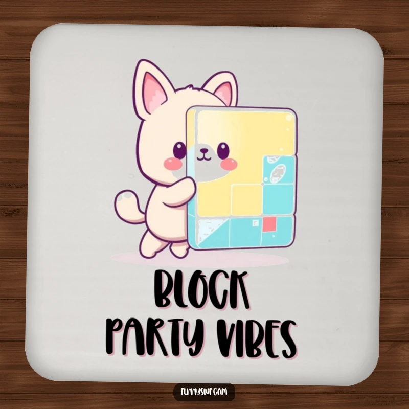 Funny kawaii animal character pushing a large pixel block, a humorous and functional drink coaster.