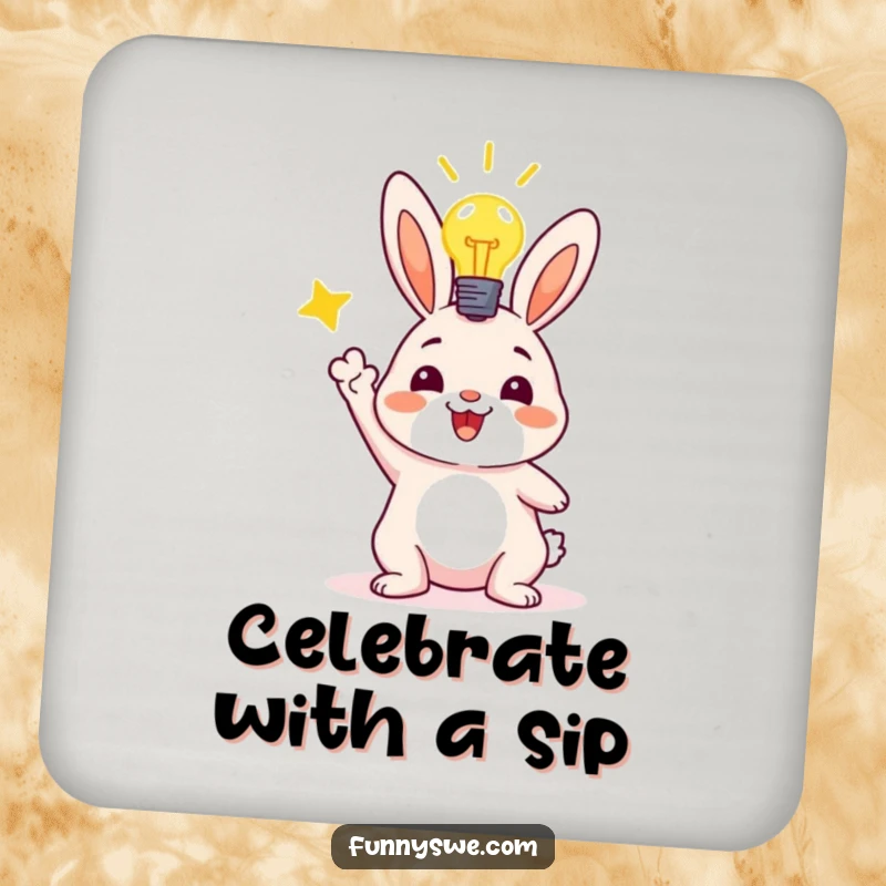 Funny drink coaster with a triumphant bunny character and a lit lightbulb, celebrating a successful code deployment, protecting your table.