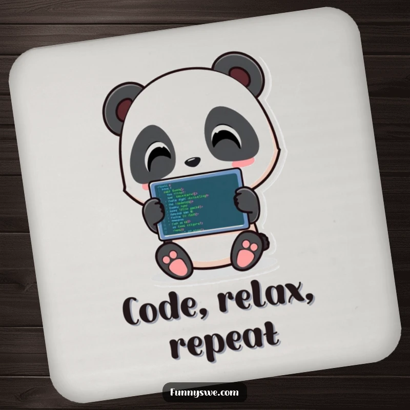Funny Panda Code Coaster: Playful panda character holding a tablet with code, a humorous and protective drink accessory.