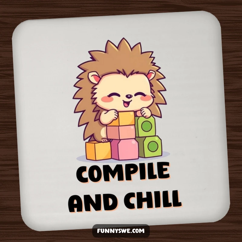 Funny hedgehog character concentrating on stacking hexagonal code blocks on a protective drink coaster.