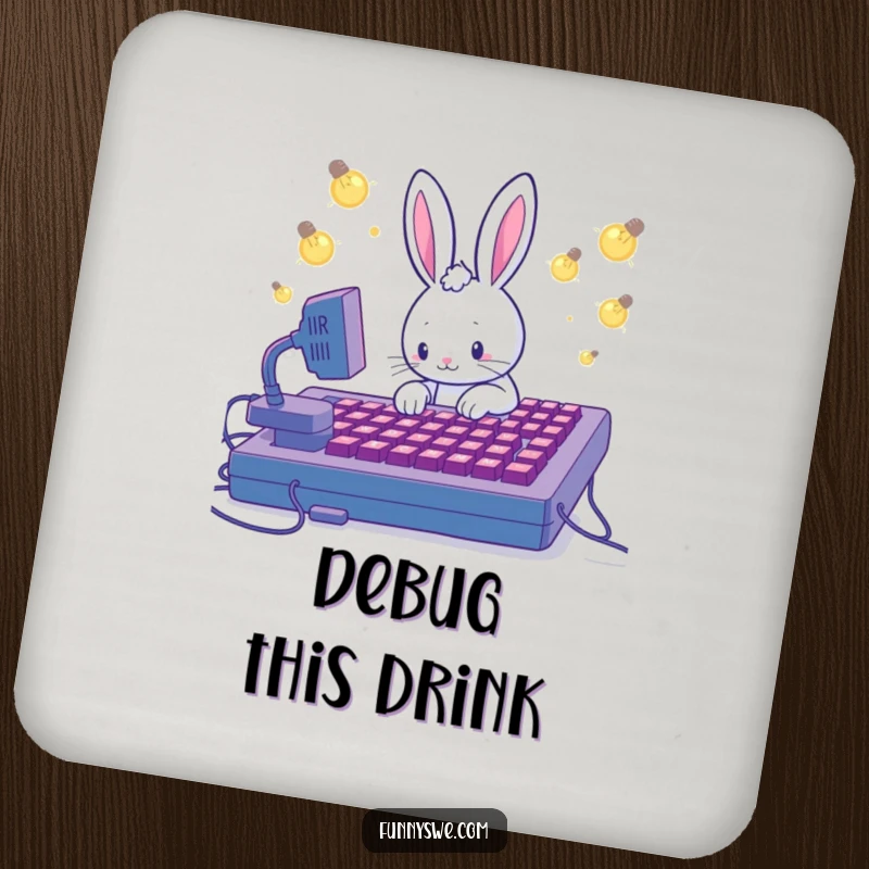 Funny drink coasters with a Kawaii rabbit coding, protecting surfaces with cute and humorous tech flair.