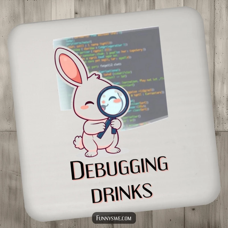 Funny drink coaster featuring a cheerful rabbit character using a magnifying glass to debug code, adding coder flair.