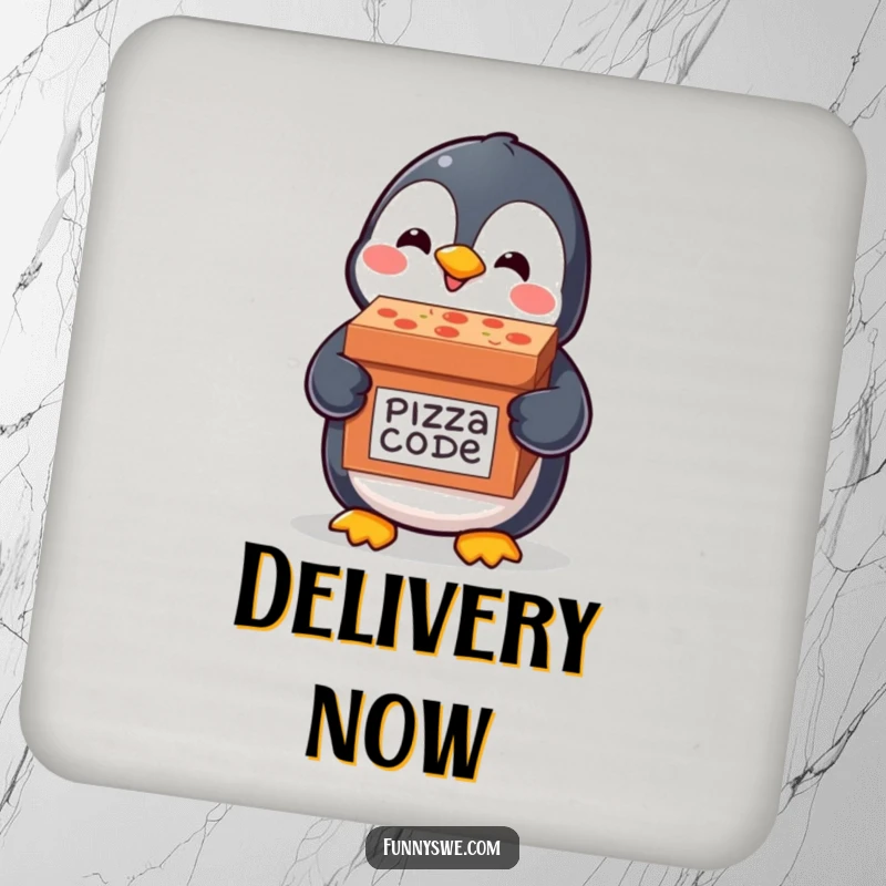 Set of funny drink coasters featuring a happy kawaii penguin delivering a pizza box labeled code delivery, offering humorous tech-themed surface protection.