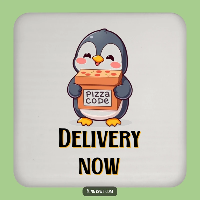 Funny Penguin Code Coasters: Pizza Delivery Penguin, Protect Surfaces with Funny Style