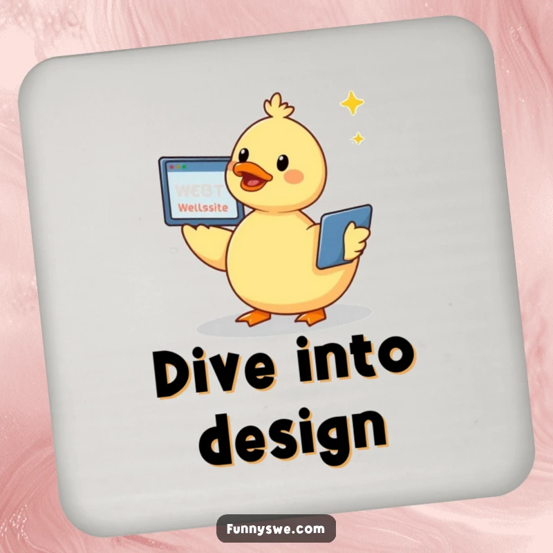 Funny kawaii duck with a cheerful chirp, creating a website with a screen flying, printed on coasters for surface protection.