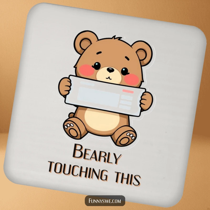Funny bear coder coaster, a determined bear proudly displaying a website layout, protecting surfaces with style and humor.